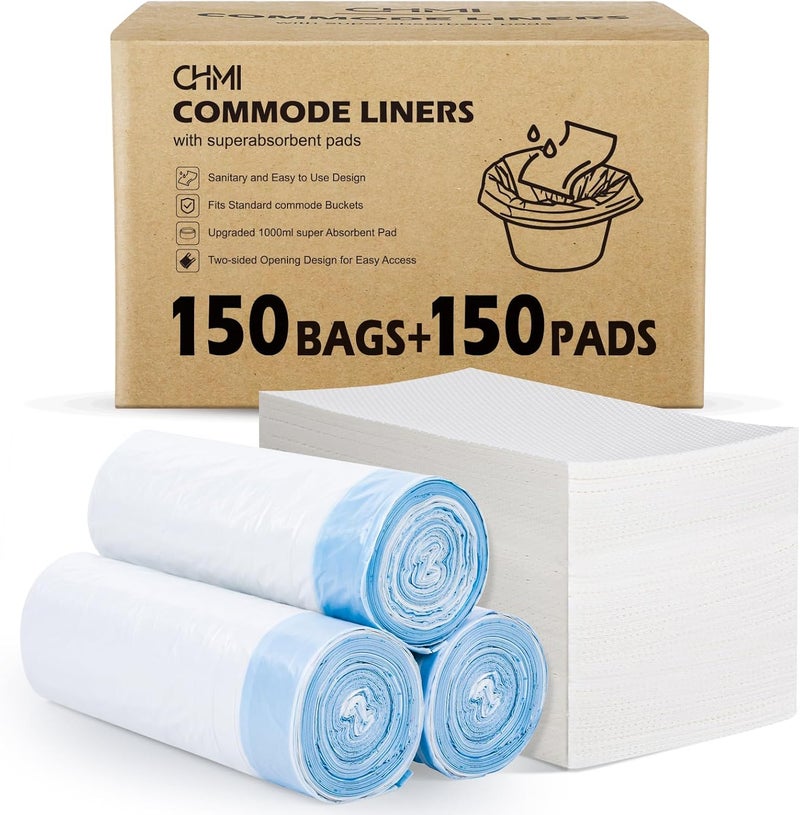 CHMI 150 Pack Commode Liners with Absorbent Pads，150 Disposable Commode Bags and 150 Pads,Universal Fit All Standard Toilet Chair Bucket， Bucket Toilet，Portable Commode Poop Bags for Commode Chair - Image 1